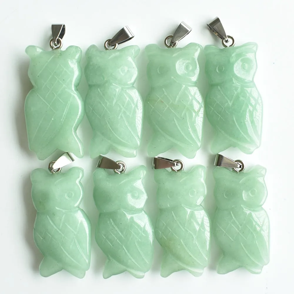 

2020 fashion high quality carved natural Green Aventurine animals owl pendants charms for jewelry making wholesale 8pcs/lot free