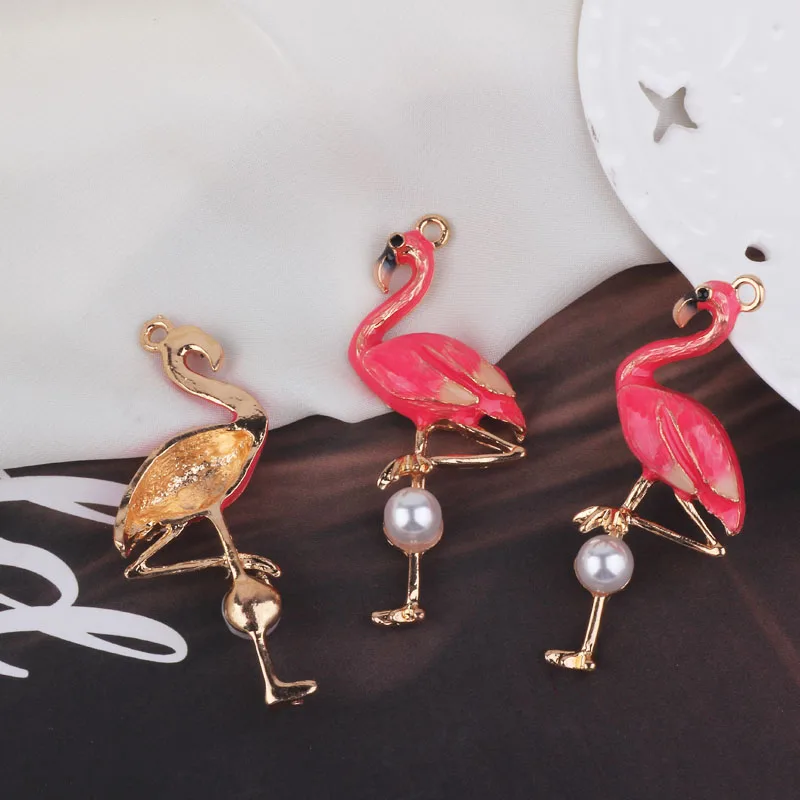 5pcs Enamel Pearl Flamingo Charms DIY Handmade Pink Bird Flamingo Pendants Bracelet Necklace Earring Pendants Jewelry Accessory