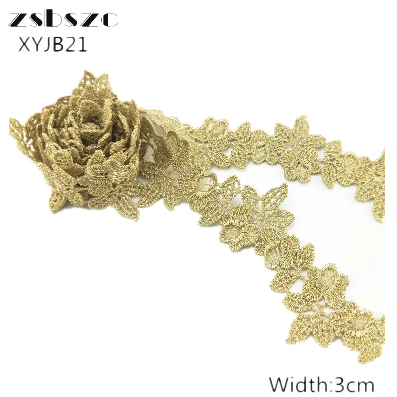 3CM Width 10Yards New Design Gold Lace  Ribbon Flower Embroidery Lace Fabric For Wedding Dress Accessories