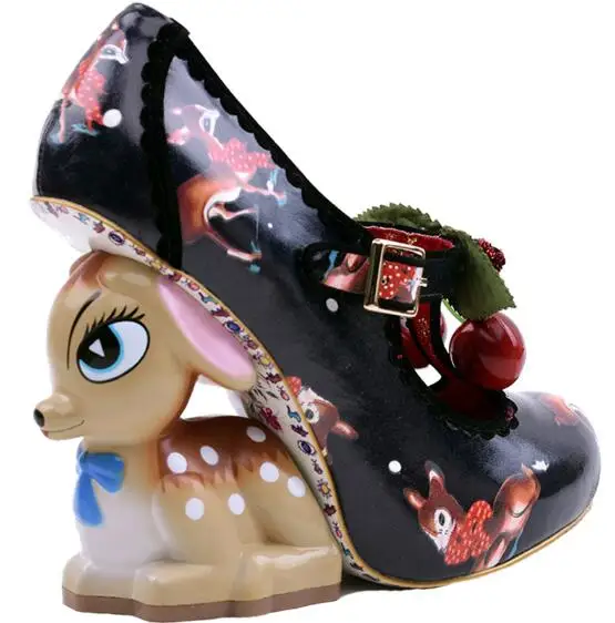 Blue Pink Vivid Painted Deer Heel Bridal Wedding Shoes New Design Cherry Belt Buckle Printed Color Strange High Heel Shoes Woman