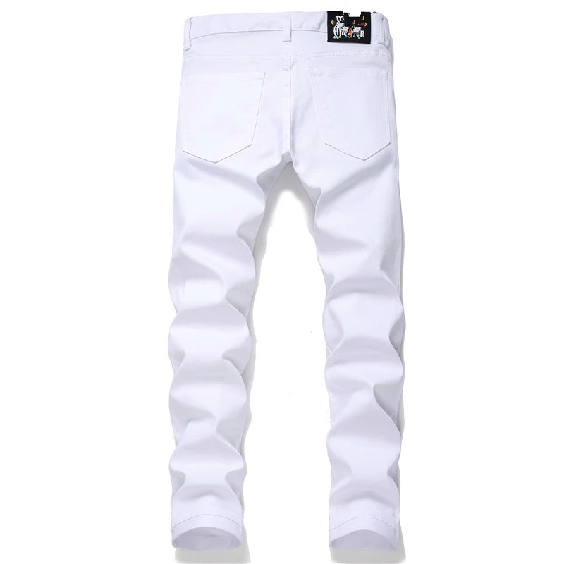 Bullet-free Hole White Sticker Embroidered Bee Nightclub Small Straight Fashionable Men's Casual Pants Pantalon Homme Jean