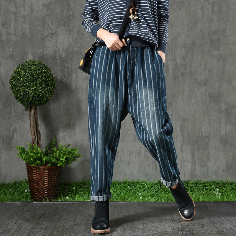 Spring Autumn Arts Style Women Elastic Waist Denim Harem Pants Vintage Loose Stripe Jeans All-matched Casual Denim Jeans D465