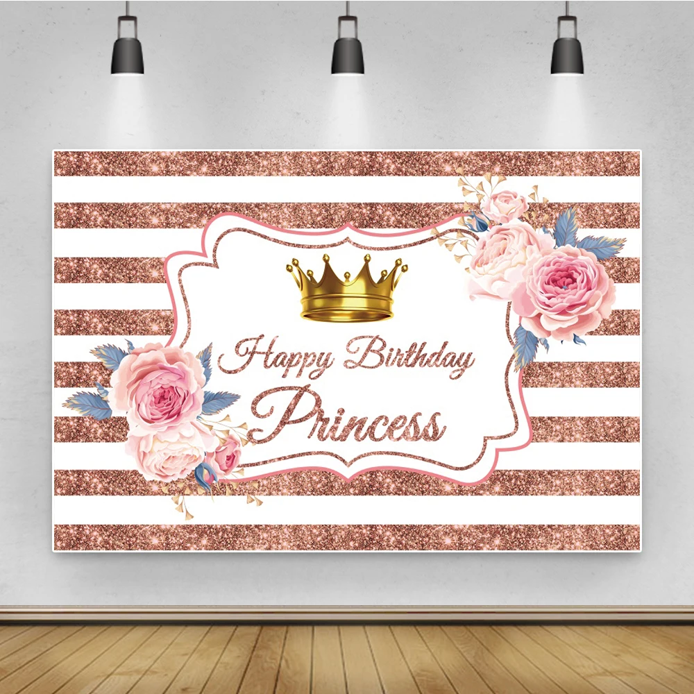 

Pink White Stripes Birthday Backdrop For Photography Gold Crown Flowers Customized Birthday Party Banner Poster Photo Background