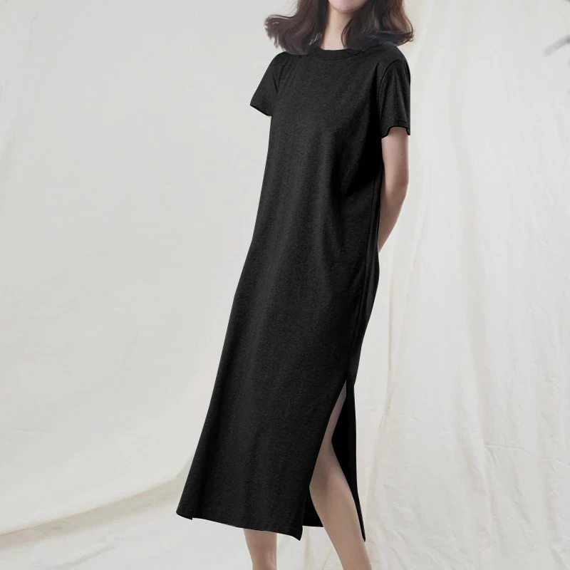 Original Casual 94% Cotton Summer Women's Dresses Solid Short Sleeve Spilt Long Midi Dress Fashion Sundress Female Clothing