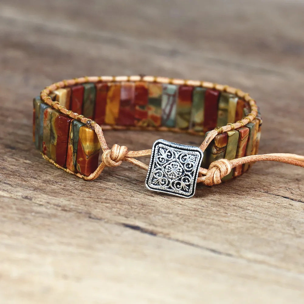 Women Men Tube Shape Picasso Stone Leather Boho Bracelet Natural Stones Charm Strands Wrap Bracelets Handmade Jewelry