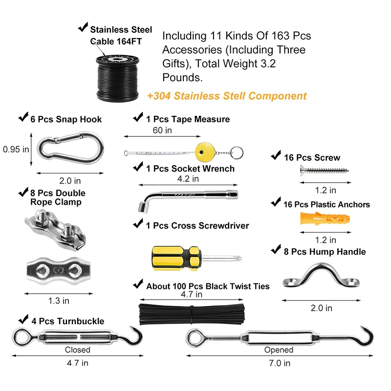Kit Suspensi Tali Kawat Panduan Cahaya Luar Ruangan Kabel Baja Tahan Karat Berlapis Pvc Hitam Panjang 50Meter Gesper Putar dan Kait