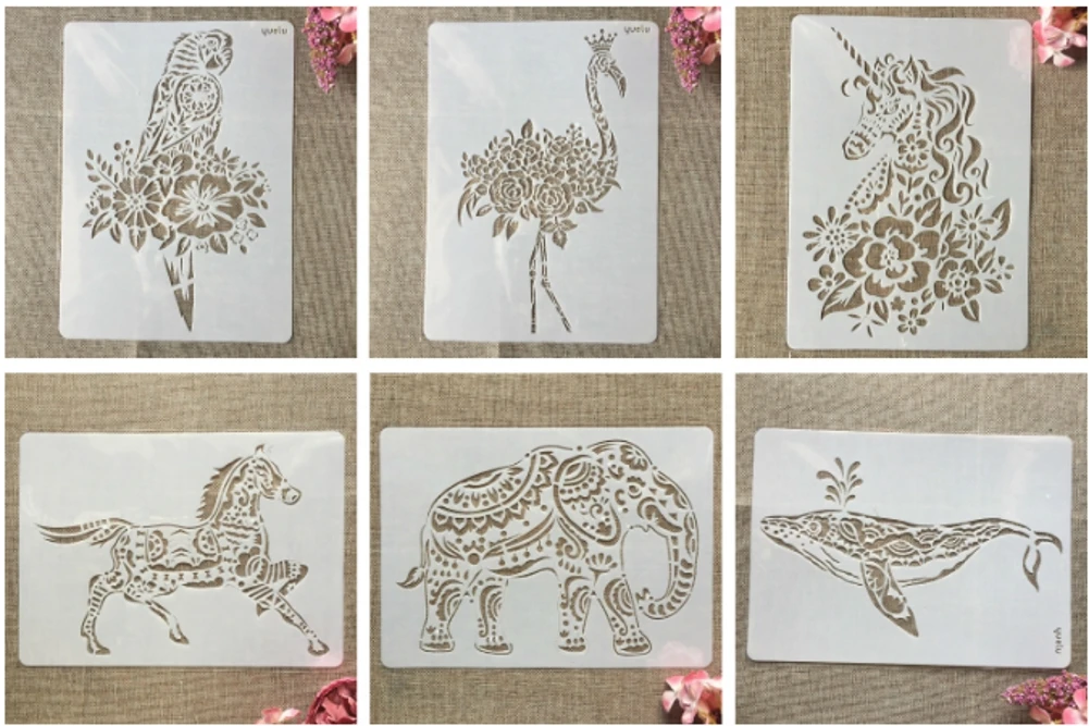 6Pcs A4 29cm Unicorn Flamingo Parrot DIY Layering Stencils Painting Scrapbook Coloring Embossing Album Decorative Template