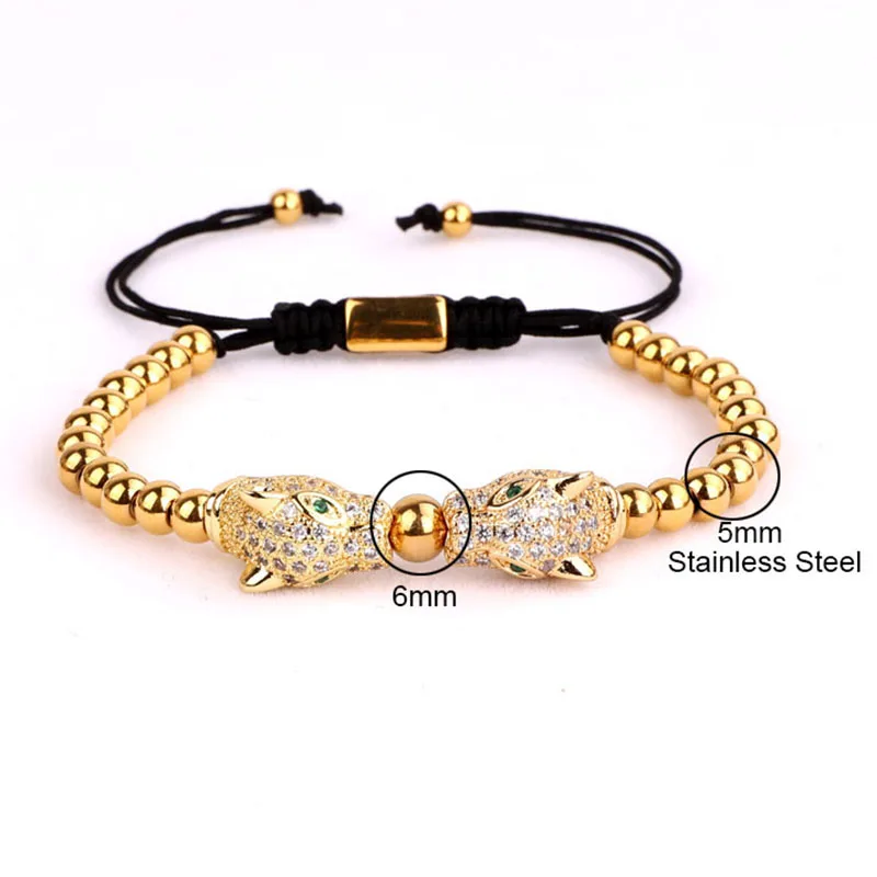 High Quality CZ Micro Pave Leopard Charm Stainless Steel Beads Adjustable Bracelet Men Women