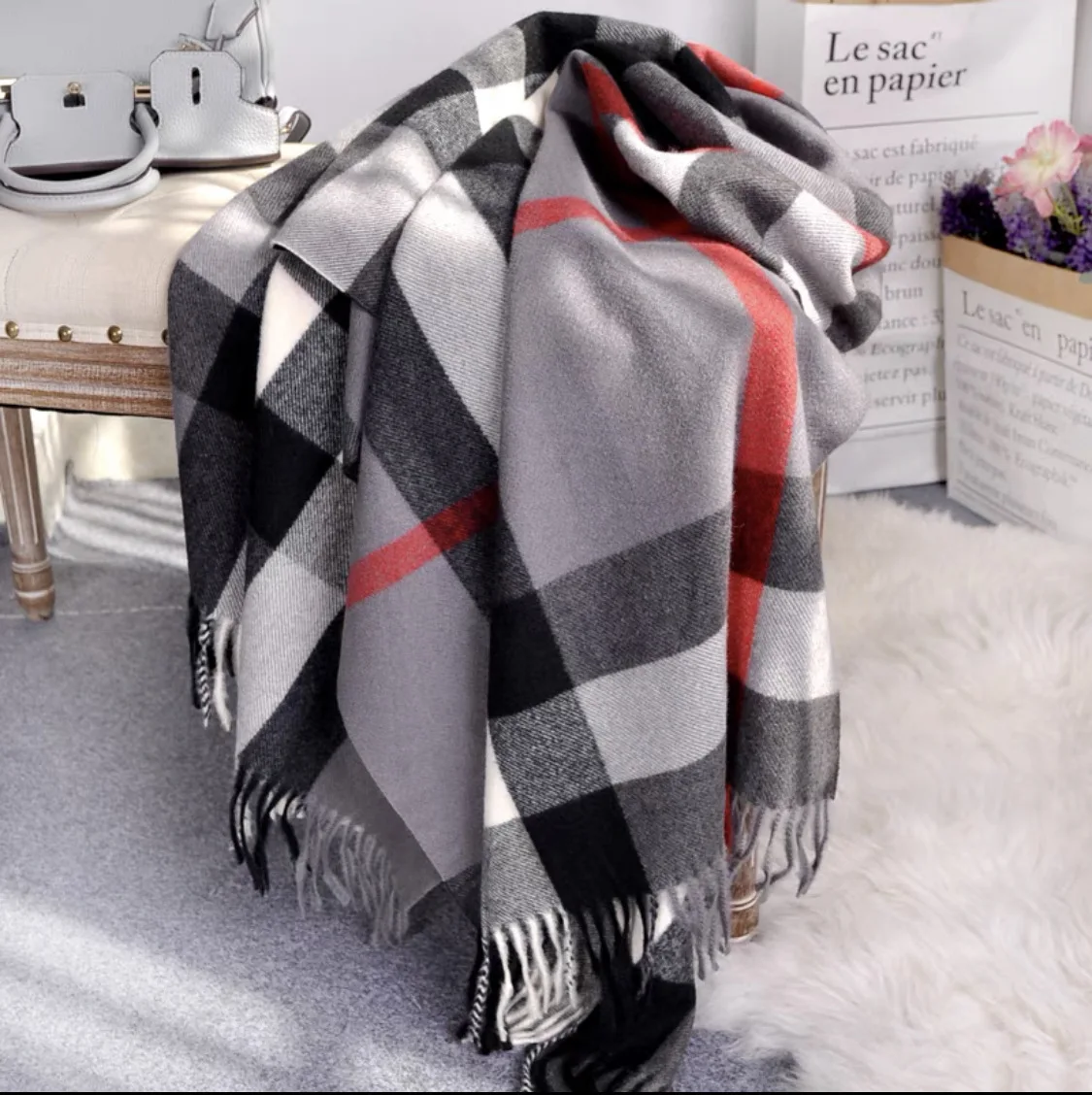 Autumn and Winter New Scarf Female British Bagh Bristled Cashmere Scarf Shawl Dual-use Thick Couple Scarf