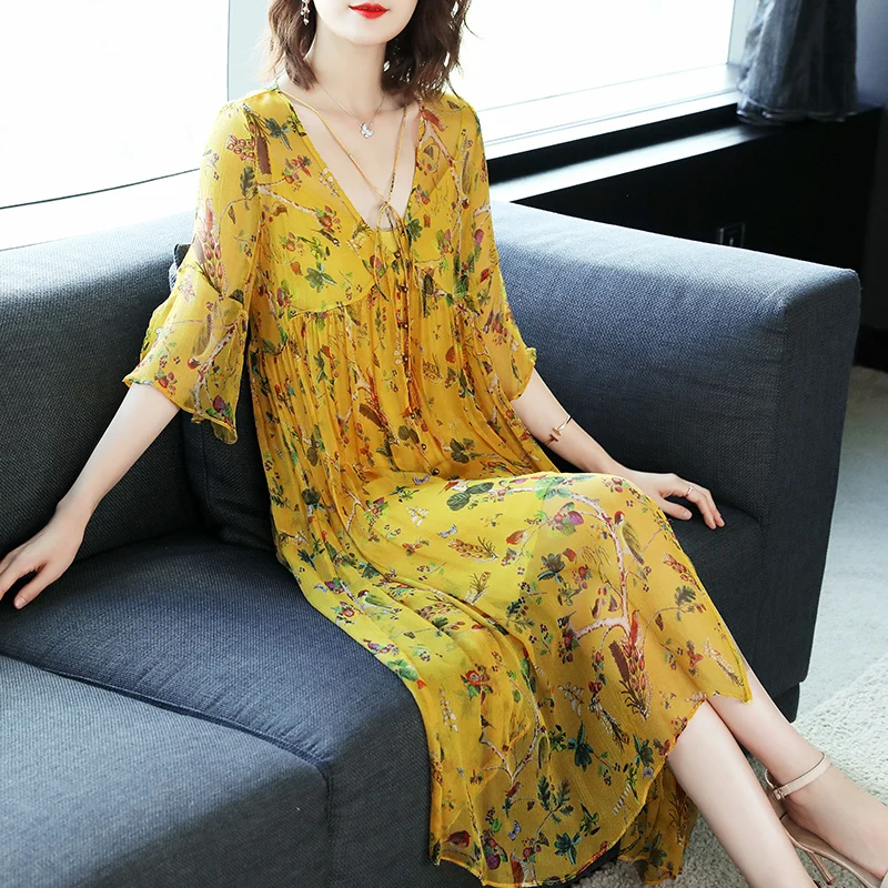 Silk Summer Dress Women Long Party Dress Beach Casual Clothes Elegant Ladies Print Floral Dresses Vestidos Verano LWL1549