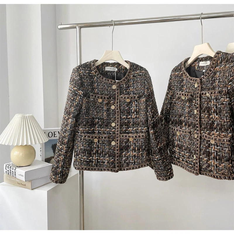 Winter Tweed Suit Jacket Women O-Neck Long Sleeve Button Up High Street Vintage Elegant Harajuku Traf  Designer Ladeies