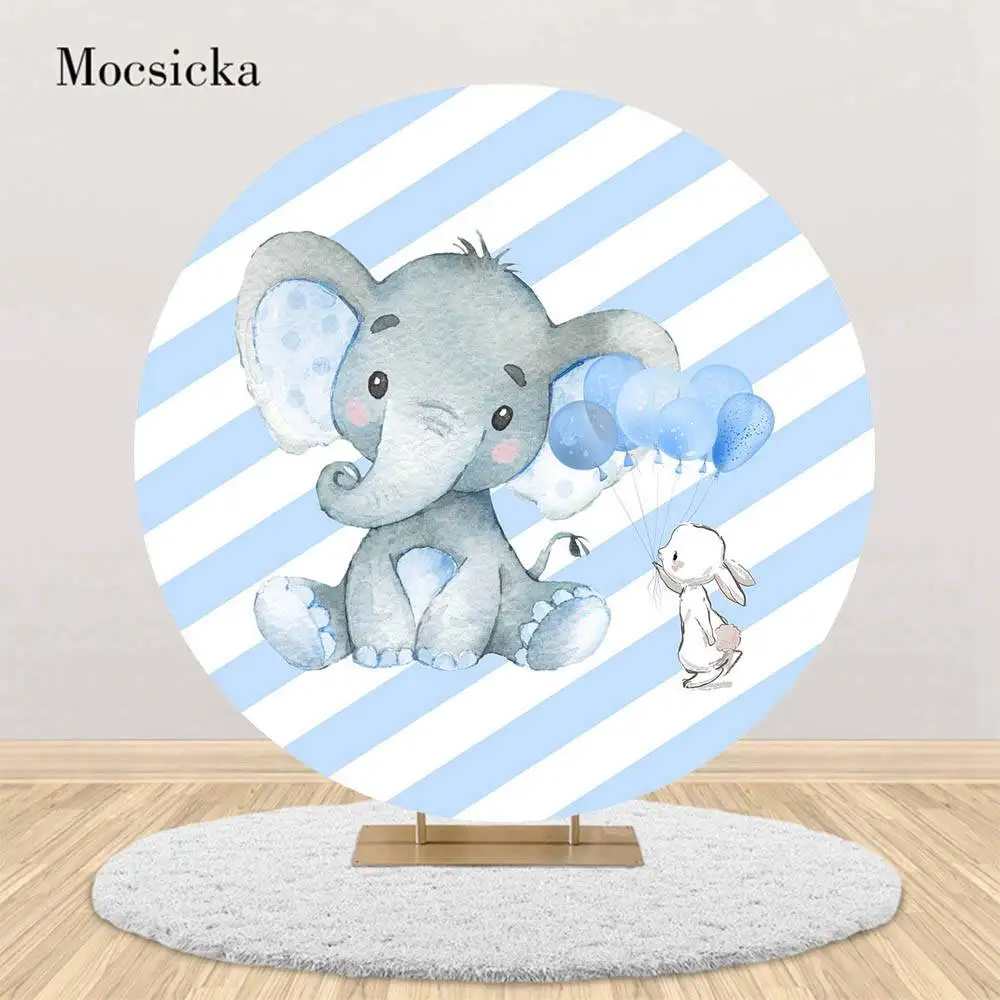 

Mocsicka Little Elephant Round Backdrop Cover Blue White Stripes Balloon Baby Shower Photo Background for Photo Studio Photocall