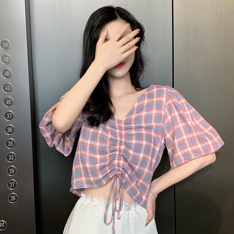 Blouse Shirts Red Plaid V Neck Ruched Drawstring Sexy Tee Women Tops Summer 2020 Puff Sleeve Ladies Loose Glamorous Blusas