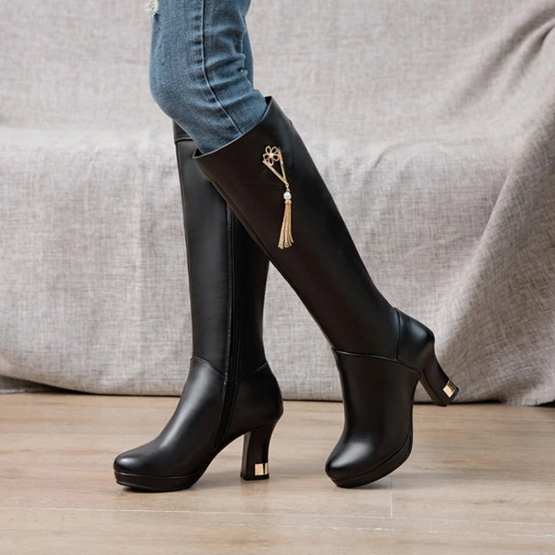 Leather Knee Boots Women New Design Fur Warm Winter Shoes Women Zipper High Heel Thigh High Boots Long Woman Footwear K5616-4