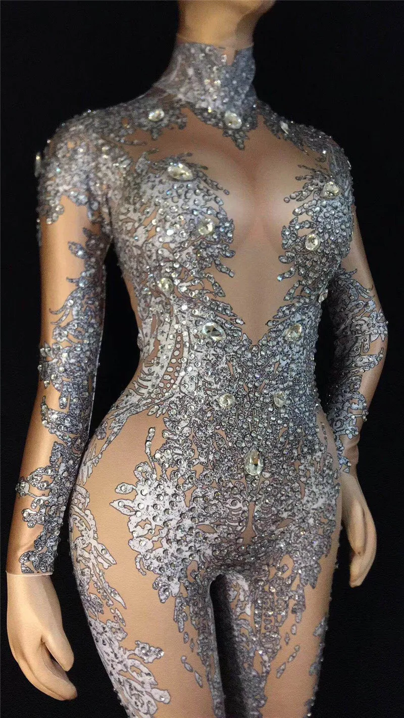 Nightclub show singer dance pagliaccetto strass Spandex tuta compleanno festeggia Bar Outfit donna cantante Dance Wear