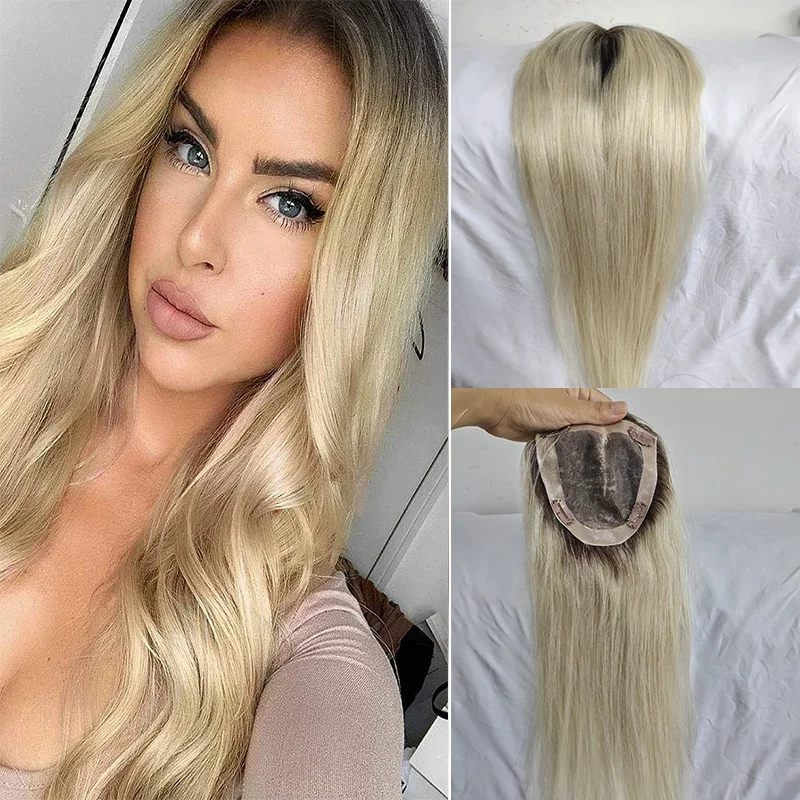 

18" 20"Ombre Ash Blonde Human Hair Topper Wig For Women Toupee 16*18 cm Breathable MONO PU Base With Clips Toupee Remy Hairpiece