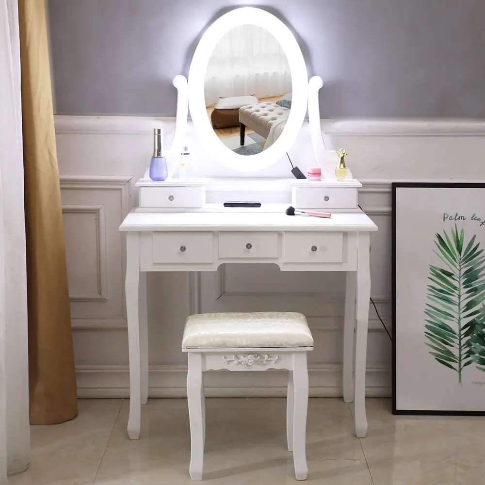 Dressing Table FCH With Light Bulb Single Mirror 5 Drawer White[US-W]