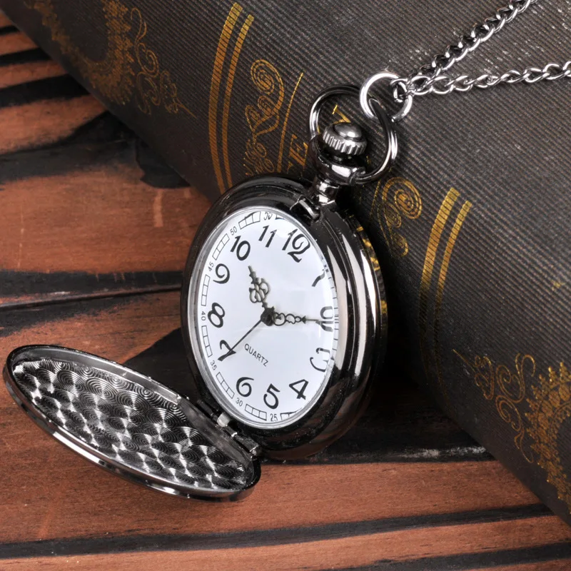 Smooth and bright fashion retro open pocket watch, white digital black pocket watch with necklace pocket watch