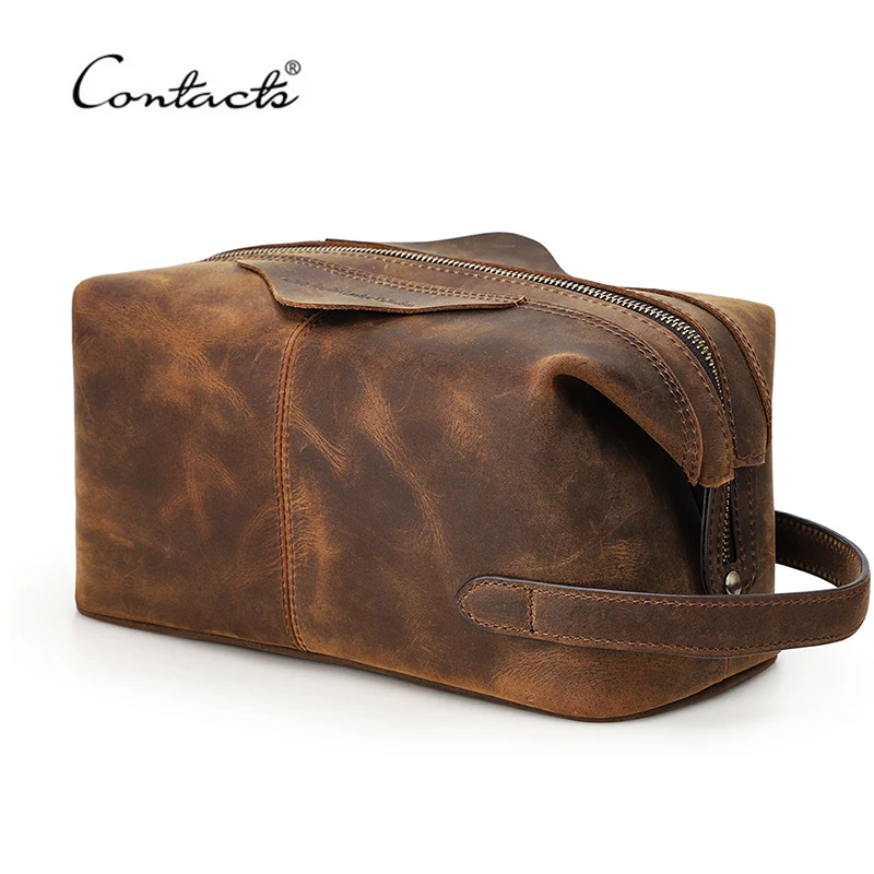 CONTACT'S Men Hanging Cosmetic Bag Crazy Horse Leather Travel Makeup Case Zipper Organizer Storage Pouch Vintage Toiletry Bags