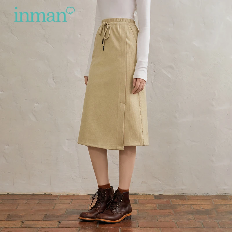 

INMAN Autumn Winter Women's Skirt Drawstring Elastic Waist Irregular Hem Design Simple Casual Beige Female's Bottoms