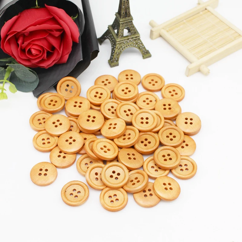 50pcs 15/18/20mm  4 Holes Wood Buttons Scrapbook Mixed Decoration Clothing AccessoriesWood Sewing Decorative Buttons Scrapbookin