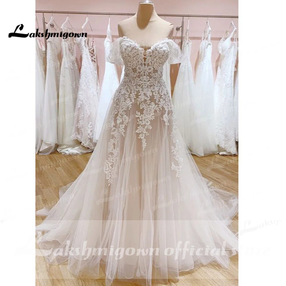 Vestidos Lace Boho Off Shoulder Wedding Dress Lace Champagne Bridal Wedding Gown Sexy Tulle Beach Wedding Dresses