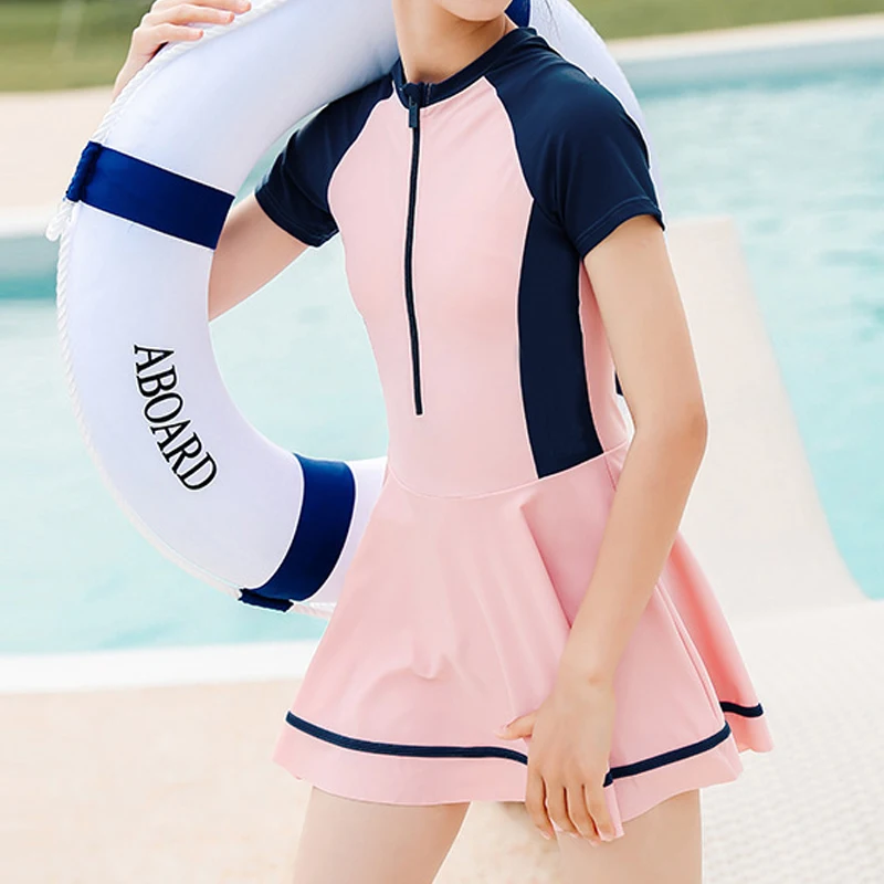 Cody Lundin Summer Girls One-Piece Swimwear Swimming Pool Skirt Children Dress Pure Three Colors Short Sleeve