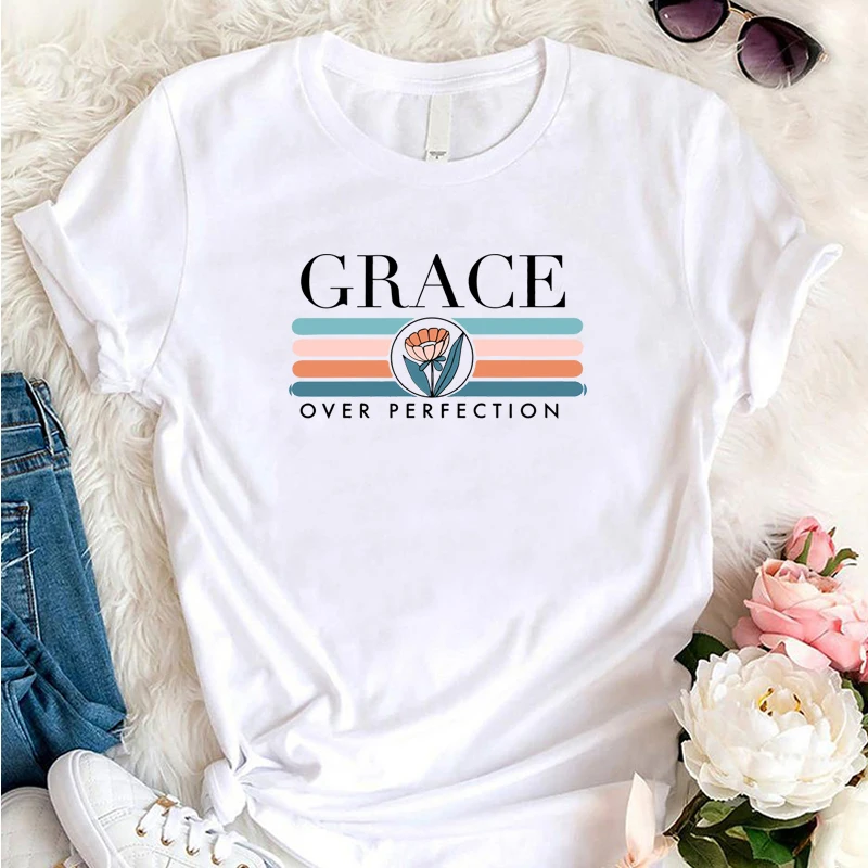 

Grace Over Perfection Religious Clothes for Women Harajuku Church Jesus Christian T Shirts Laides Simple Design Top Dropshipping