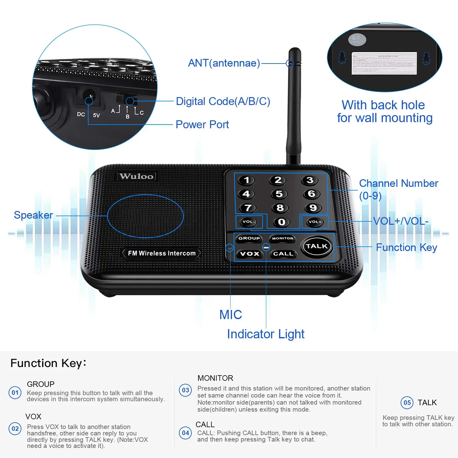 Wuloo-sistema de intercomunicación inalámbrico para el hogar, sistema de comunicación de habitación a habitación, oficina de negocios, rango de 5280 pies, 10 canales