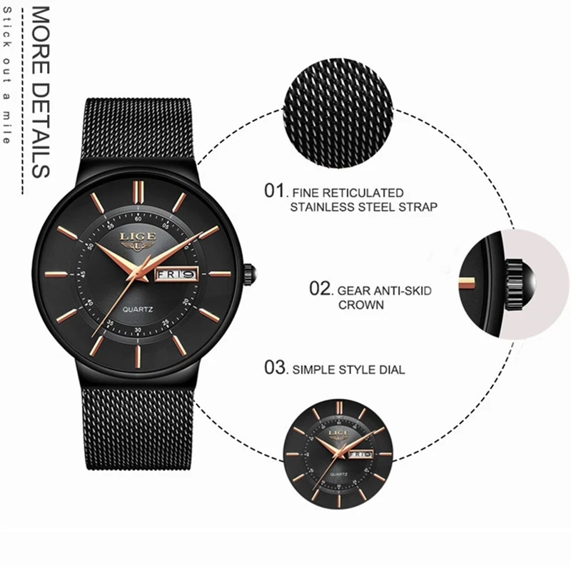 LIGE Women Watches Luxury Brand Ultra-thin Calendar Week Quartz Watch Ladies  Stainless Steel Waterproof Gift reloj muje+Box