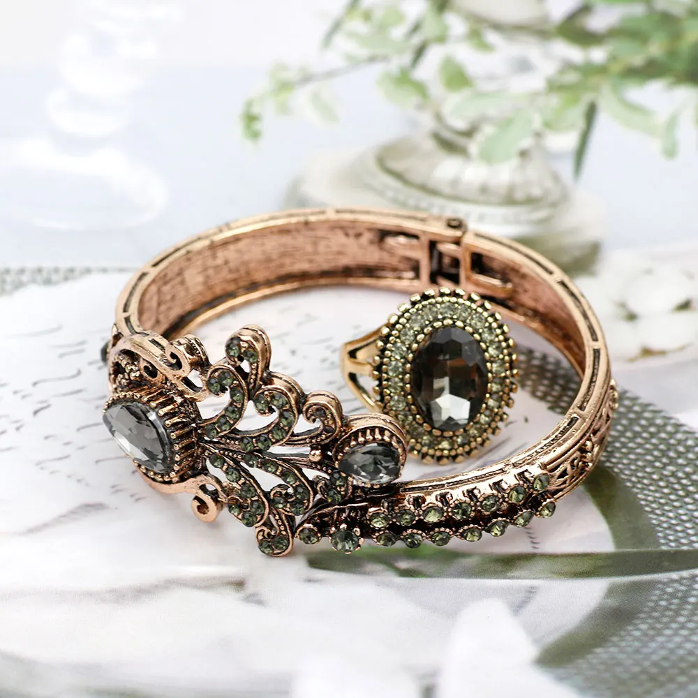 Sunspicems Retro Vintage Bohemia Gray Crystal Cuff Bracelet Bangle Ring Sets Old Gold Color Turkish Bride Wedding Jewelry Gift