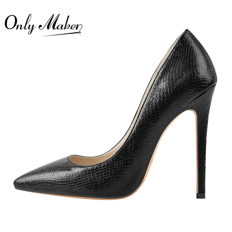 Onlymaker Women Black Pumps Snake Print Slip On Stiletto 12CM High Heel  Classic Ladies Fashion Shoes