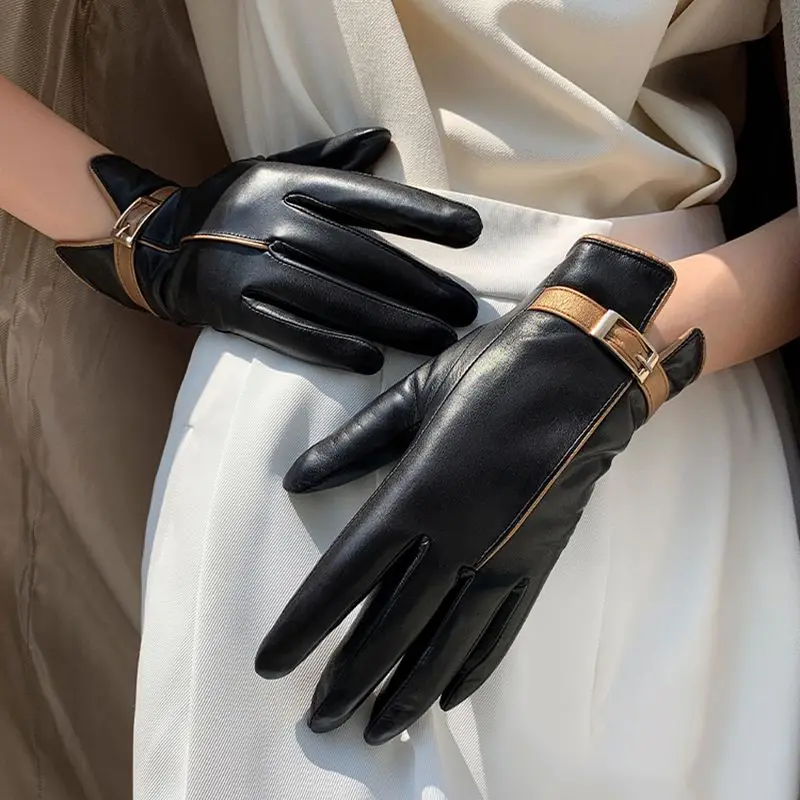 

Women's Goatskin Gloves, Winter Thick Lining Leather, Black, Gold, Sheepskin Driving Gloves, Luxury Brand, S2528