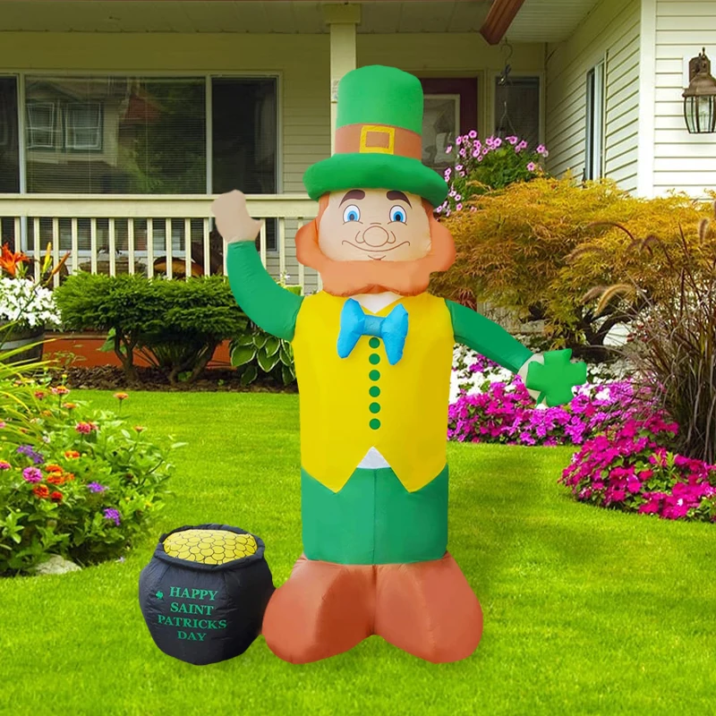 5 ft Inflatable St. Patrick's Day Decoration Waving Holding a Shamrock with Pot of Gold  Inflatable Outdoor Party Garden Decor