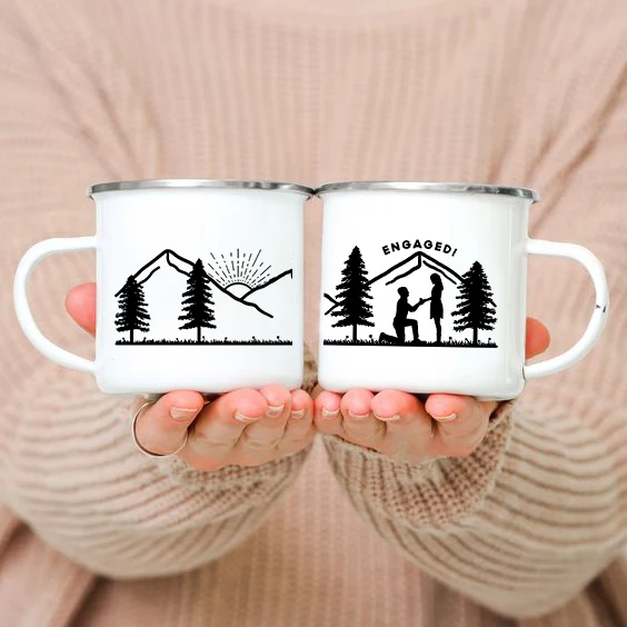 Engaged Couple Personalized Camp Mug Hiking Enamel Coffee Cups Outdoor Woods Creative Print Lovers Mugs Engagement Wedding Gifts