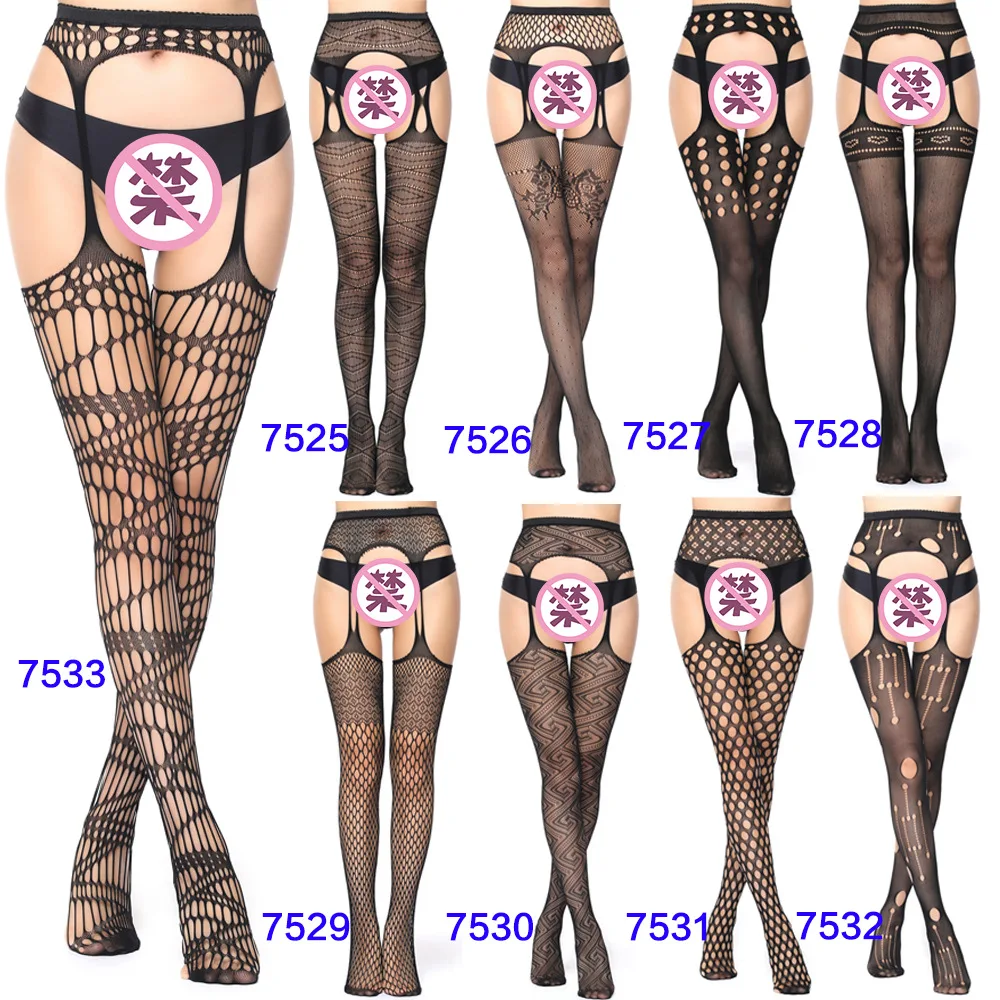 Women Sexy Lingerie Hollow Out Tights Lace Stockings Female Thigh High Fishnet Embroidery Transparent Pantyhose Stripe Stockings