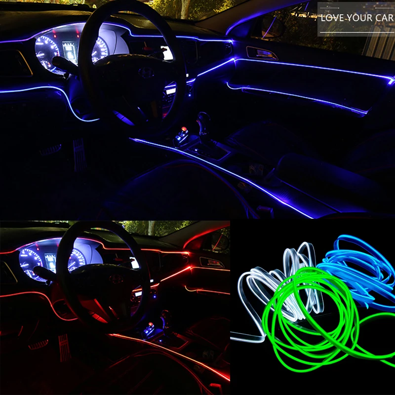 3m EL Cold Line Flexible Car Lights 12V Car LED Neon EL Wire Car Cold Light Strip Interior Decoration Moulding Trim Strips