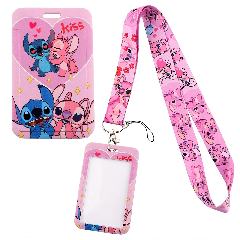 YQ776 Stitch and Pink Angel Lanyard Travel ID Card Cover Badge Holder Cartoon Keychain Neck Strap Telephone Cord Lariat