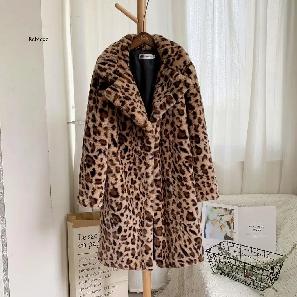 

Women Leopard Print Jacket Faux Fur Jacket Loose Medium Long Lamb Coat Long Sleeve Casual Fur Coat Outerwear Top Overcoat Winter