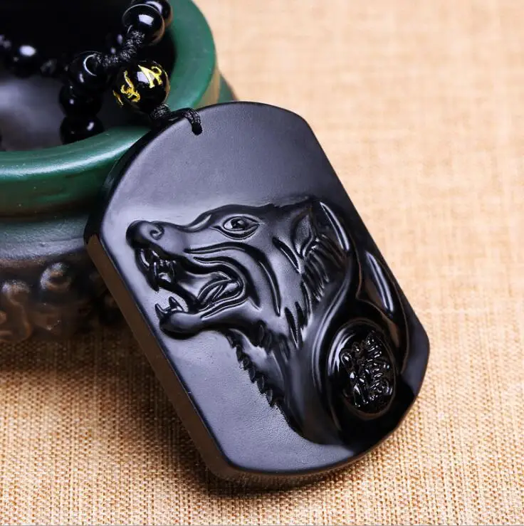 Obsidian direct shipment carved wolf head Amulet Pendant Necklace Obsidian blessing luck