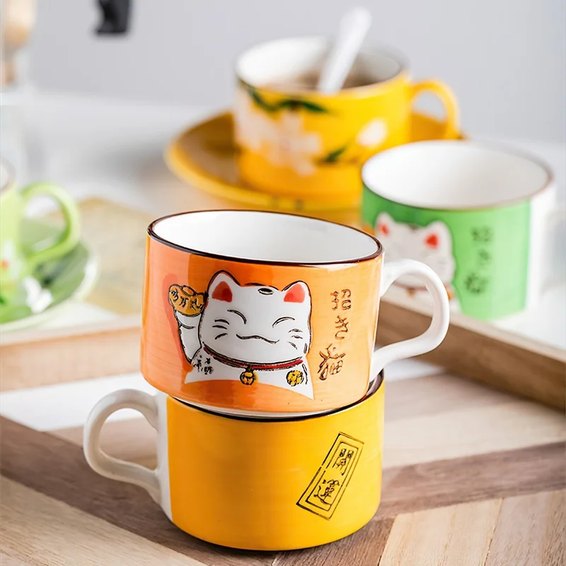 Coffee Cup Waterware Lucky Cat Dish Saucer Spoon Set Gift Box Japanese Green Handle Cartoon Tea Drinkware Home Kitchen Supplies