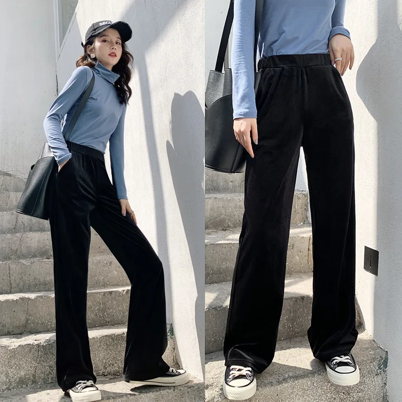 HOWALOOK Women Loose Wide Leg Pants Spring Autumn Solid High Waist Elastic Casual Office Lady Straight Pleated Long Trousers