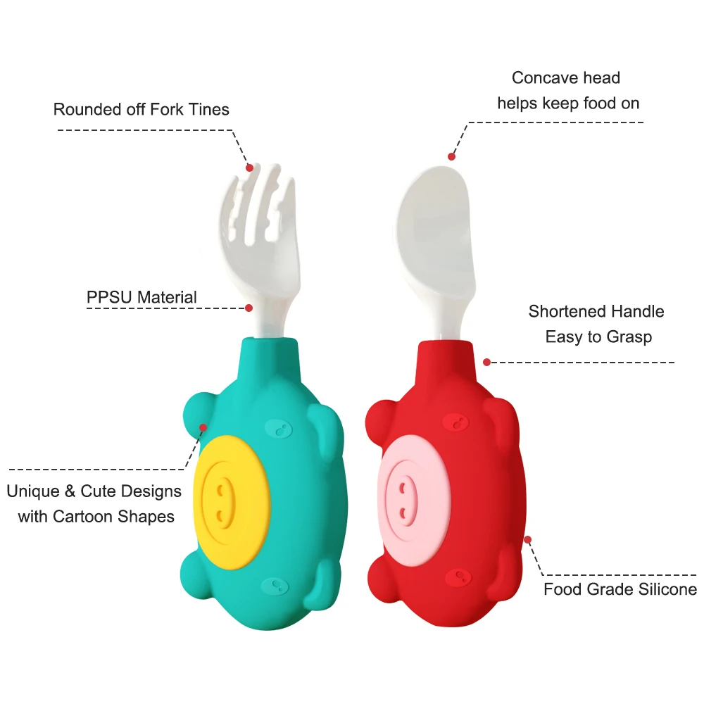 Sunveno Baby Spoon and Fork set Utensils Set Auxiliary Food Toddler Learn To Eat Training Bendable Soft Fork Infant Tableware