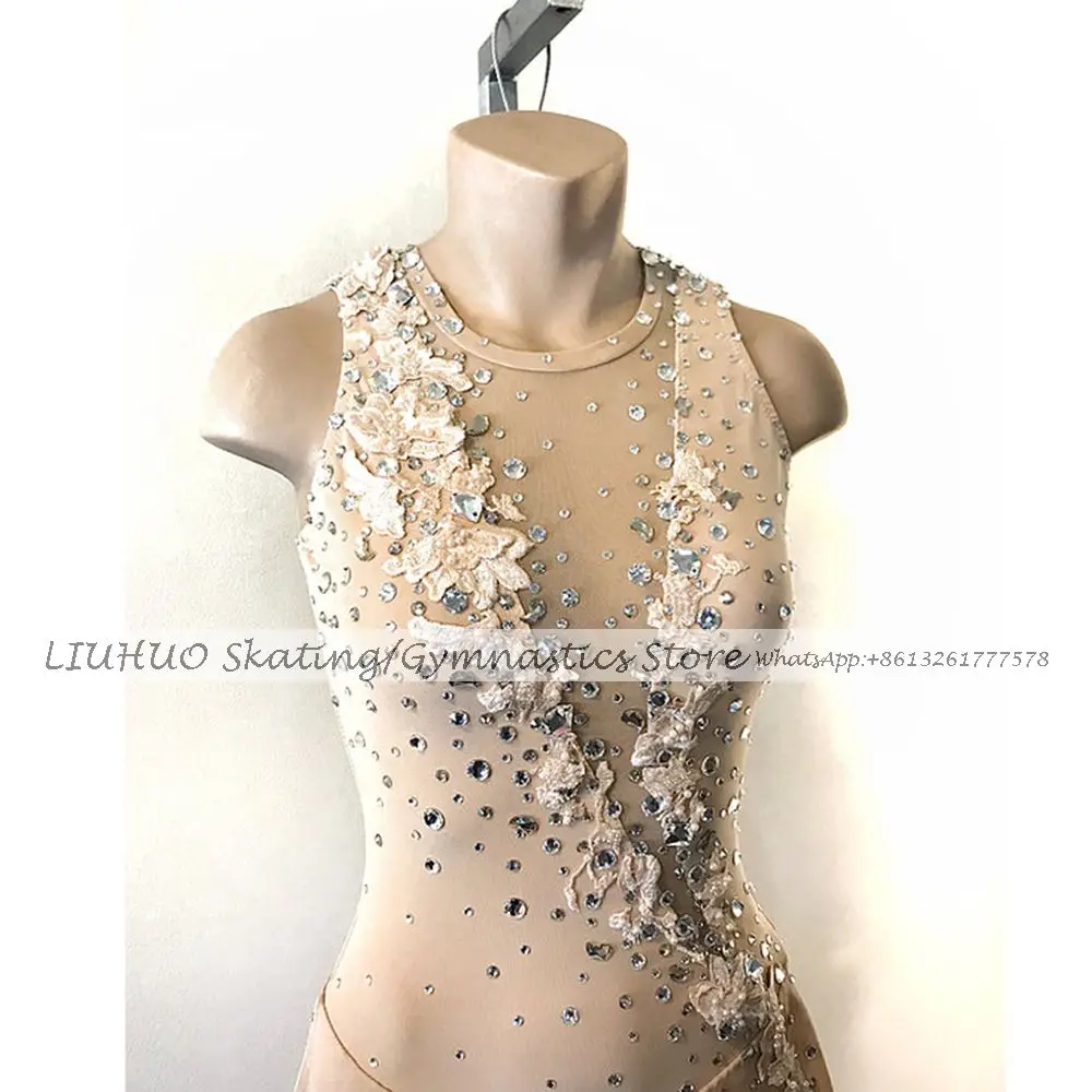 LIUHUO Figure Skating Dress Women Sleeves Quality Crystals Irregular Skirt Kids Competition Rhythmic Gym Leotards Child