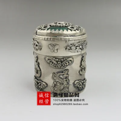 Exquisite Antique Tibetan Silver Jade Dragon Phoenix And Butterfly Toothpick Box Ornaments