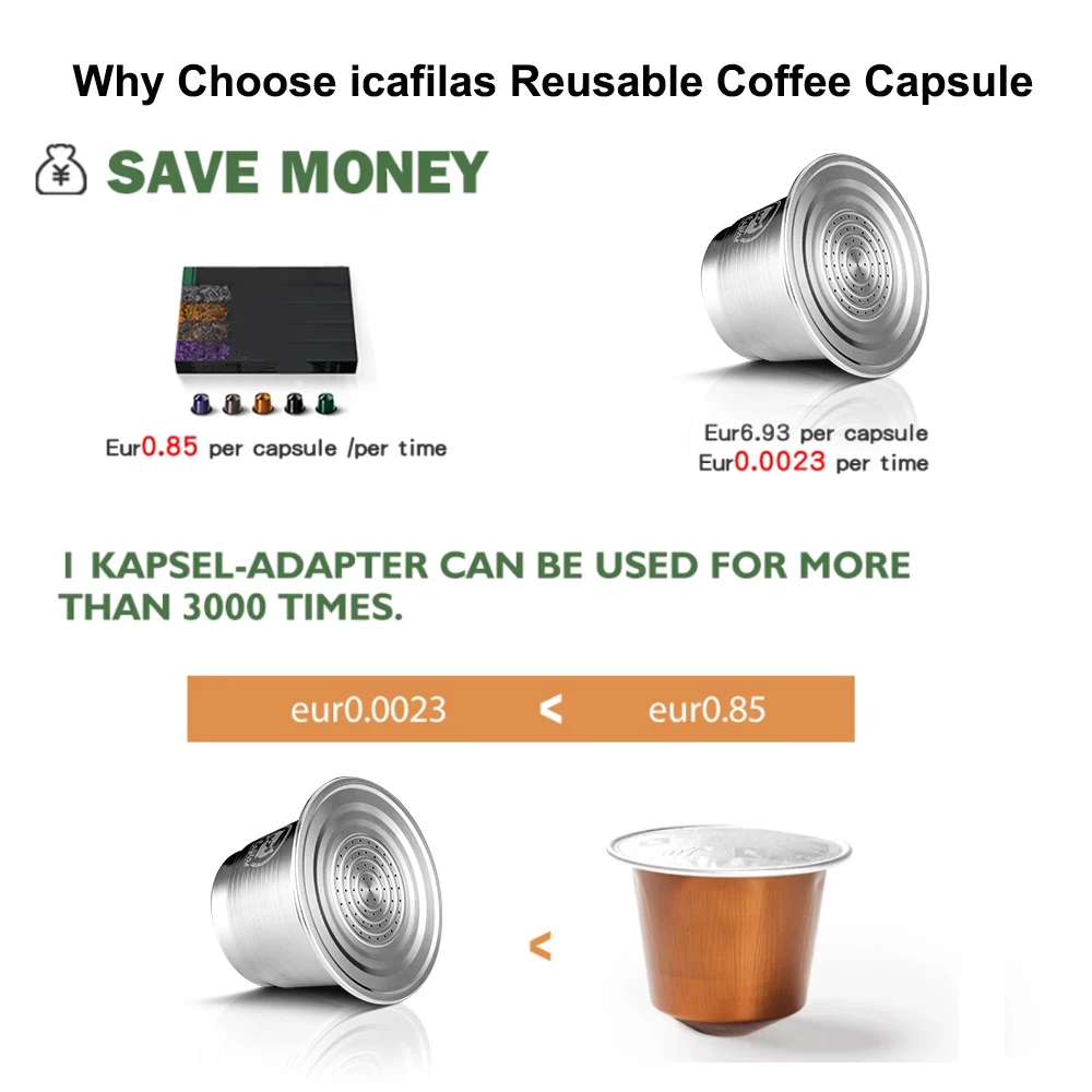 icafilas Nespresso Reusable Coffee Capsule Stainless Steel Refillable Filters Fit for Inissia & Pixie Coffee Maker Dosing Ring