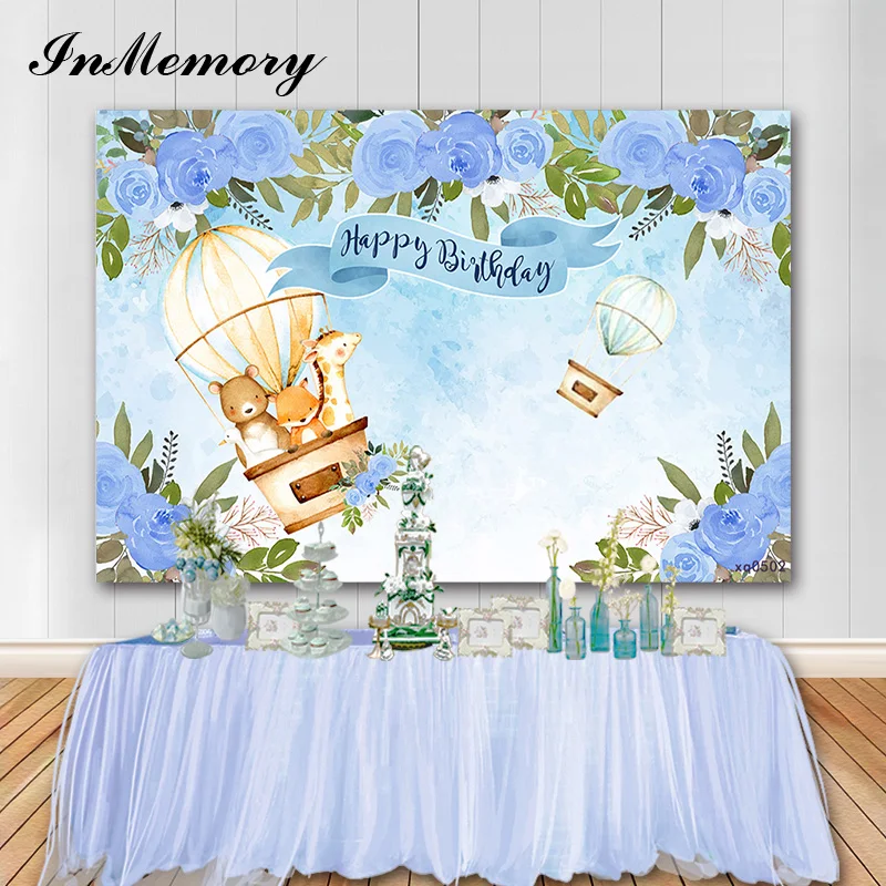 InMemory Wild Jungle Children Birthday Party Photography Background Baby Shower Photo Backdrops Flowers Hot Air Balloon 7X5FT