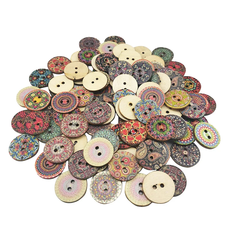 

(100 pieces mixed) 2-hole wooden button craft circular sewing scrapbook retro color painting