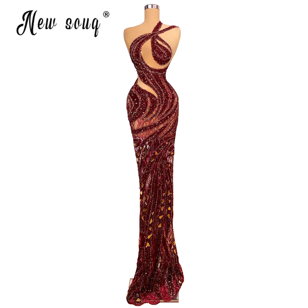 Burgundy Mermaid Long Evening Dress Elegant Beading Diamond Celebrity Dresses See Through Rhinestones Party Gowns De Soiree