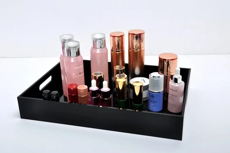 Black acrylic desktop cosmetics storage tray big square perfume/ lipstick/brushes organizer tray